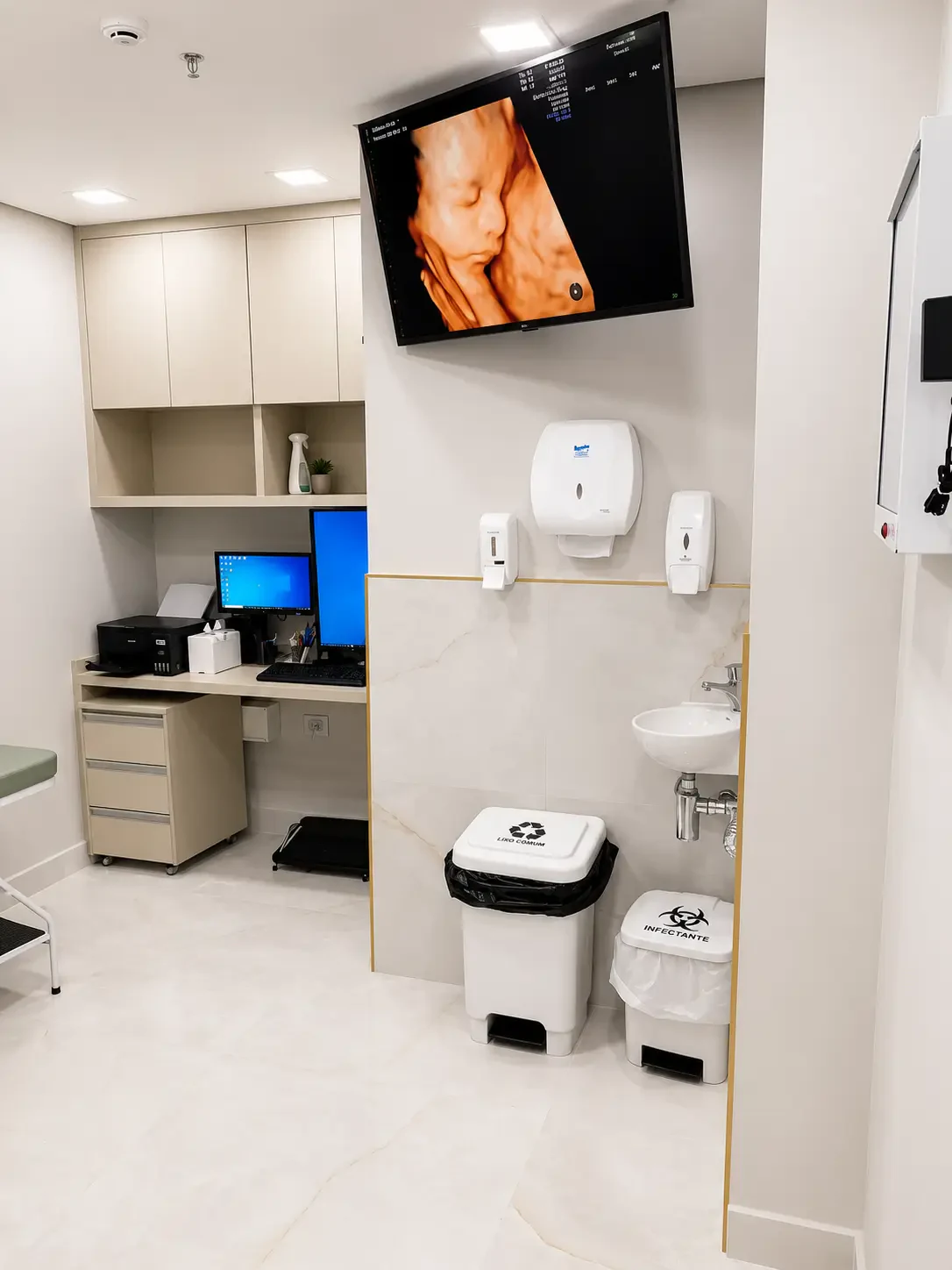 Sala de exame com aparelho de ultrassom e monitor na parede
